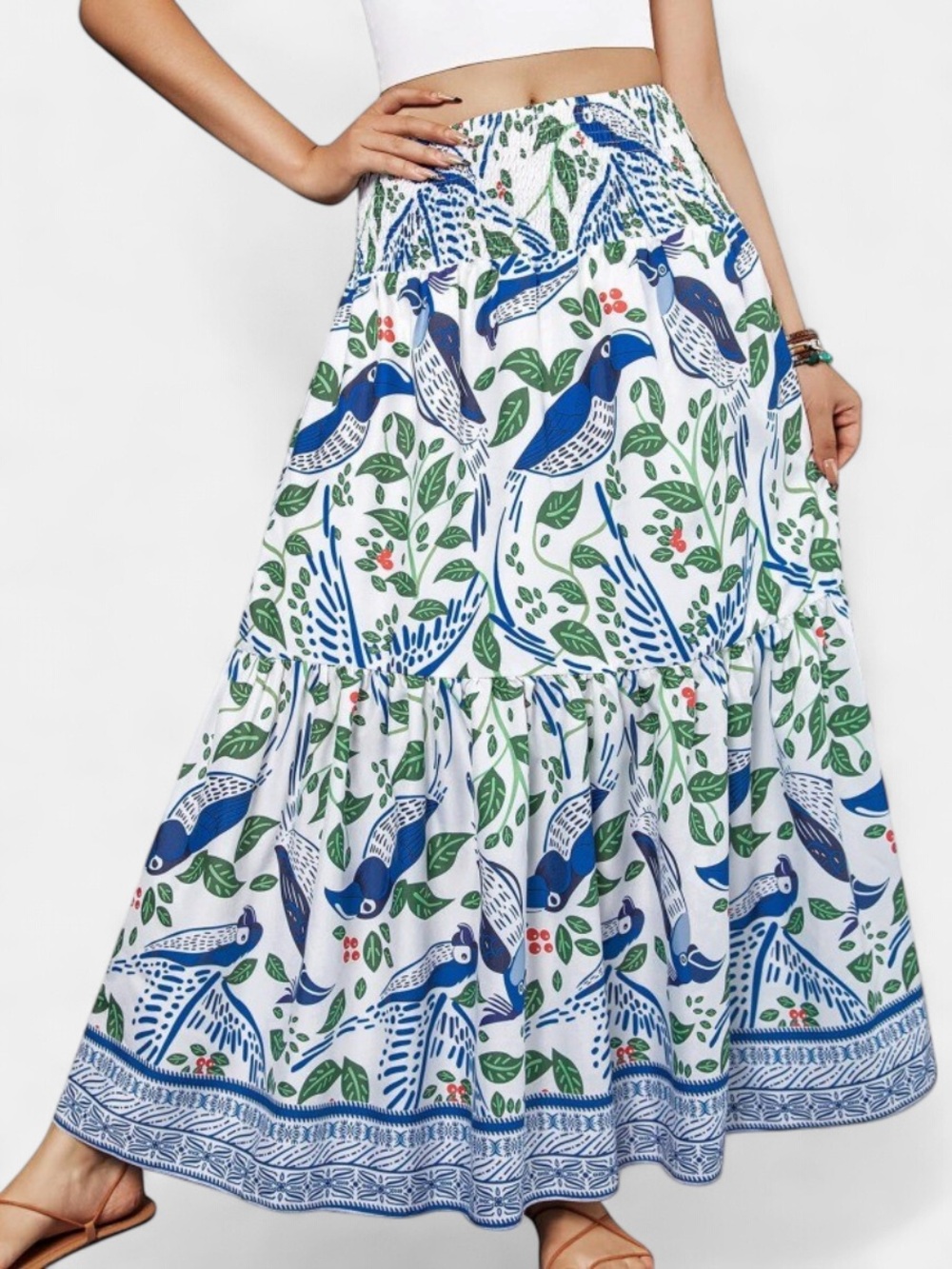 Boho Maxi Skirt with Blue Bird Print